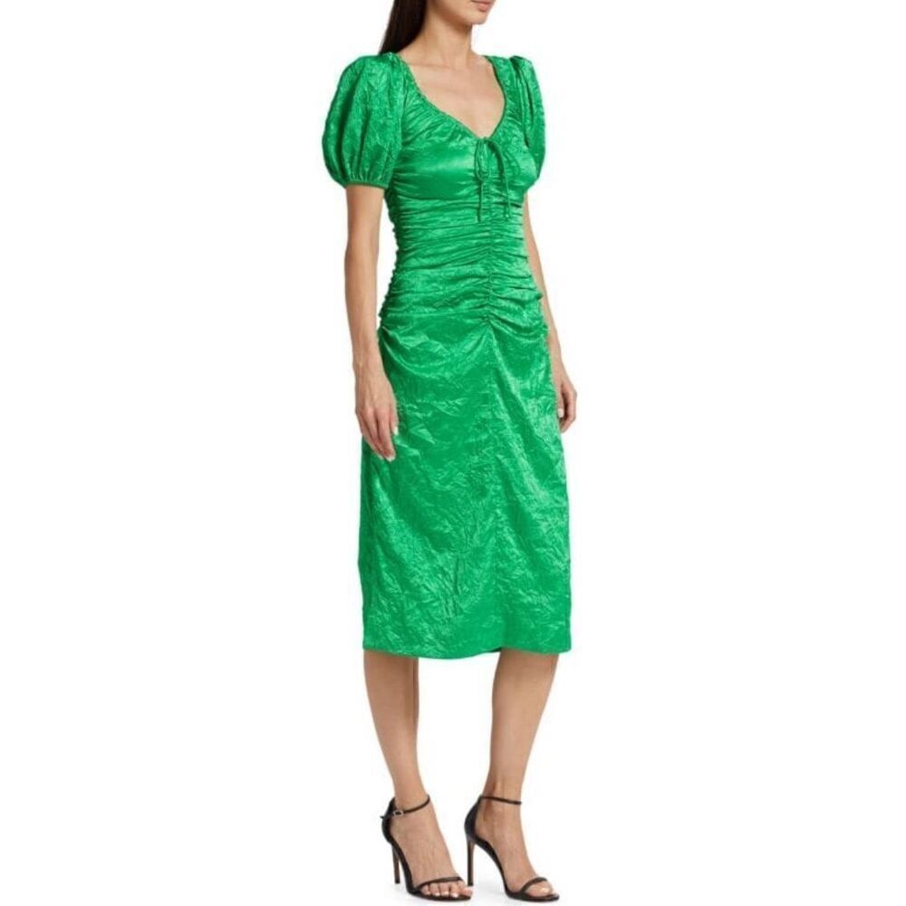 GANNI Ruched Satin Midi Dress in Bright Green NWT Size 34/2